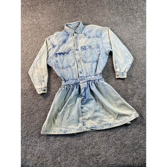VINTAGE Calvin Klein Dress Womens 5/6 Blue Acid Wash Button Front Pockets 80s - Picture 2 of 15